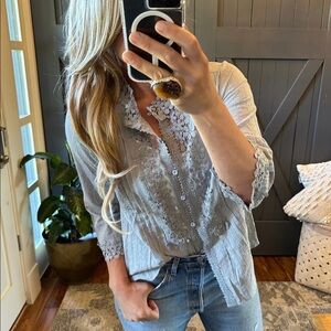 New Bohemian Grey Lace 3/4 Sleeve Button Front Floral Romantic Blouse Top Shirt
